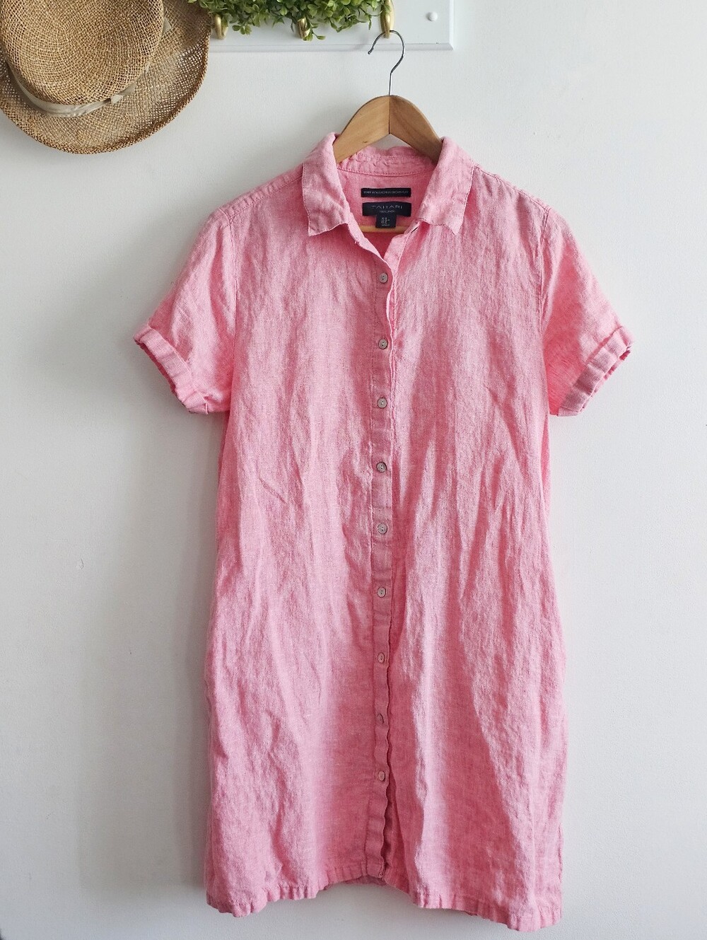 Tahari 100% Linen European Flax Pink Button Front Tunic Shirt Size M Pockets